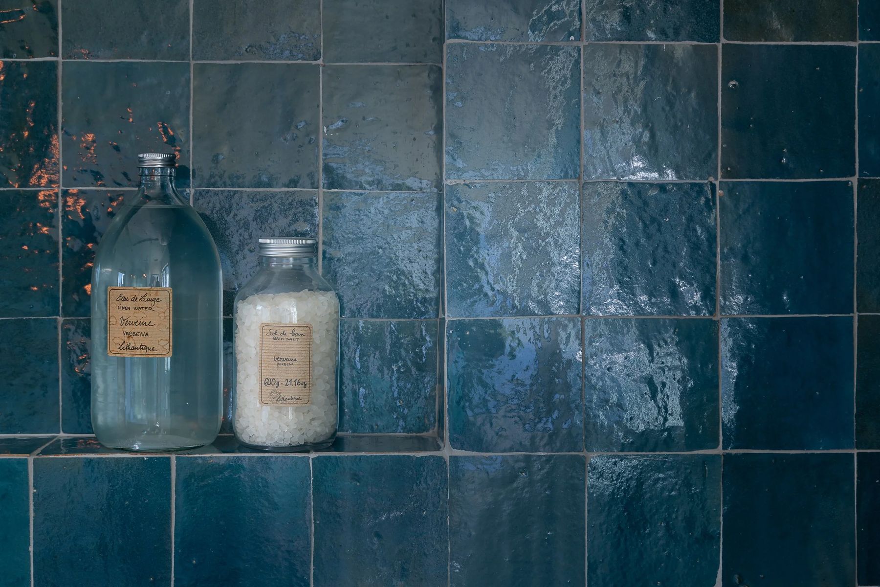 Deep glazed blue tile, hand set