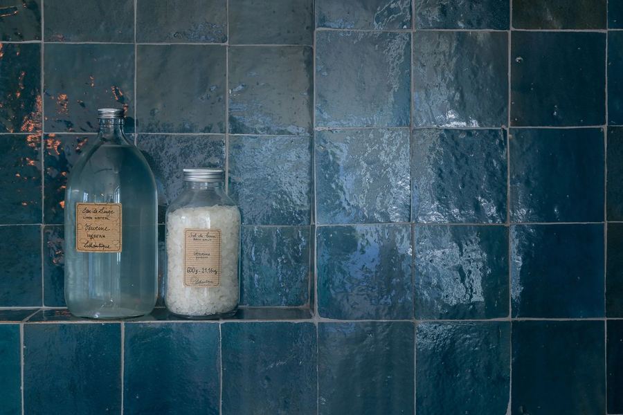 Deep glazed blue tile, hand set